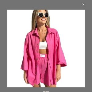 Pink Linen Button-Up Shirt and Shorts Set